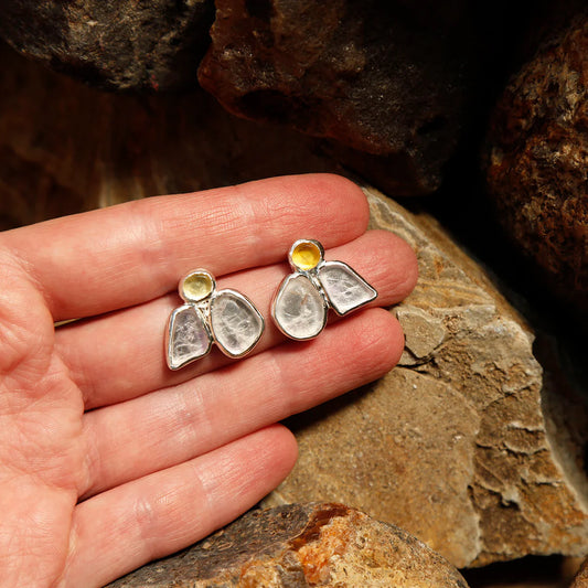 wearing amber amethyst sterling silver ear-rings handmade
