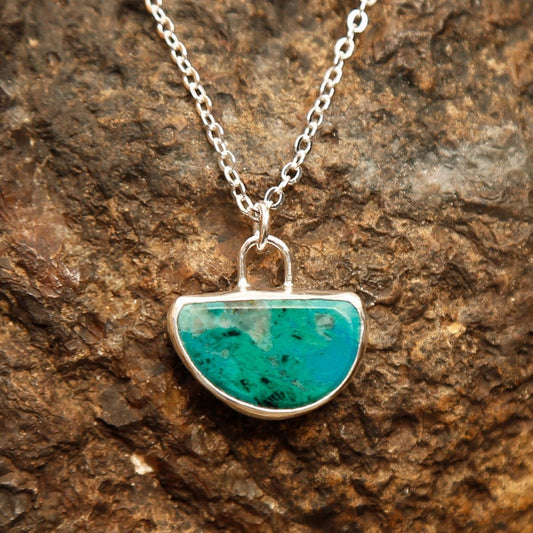 Chrysocolla handmade smiling pendant in sterling silver