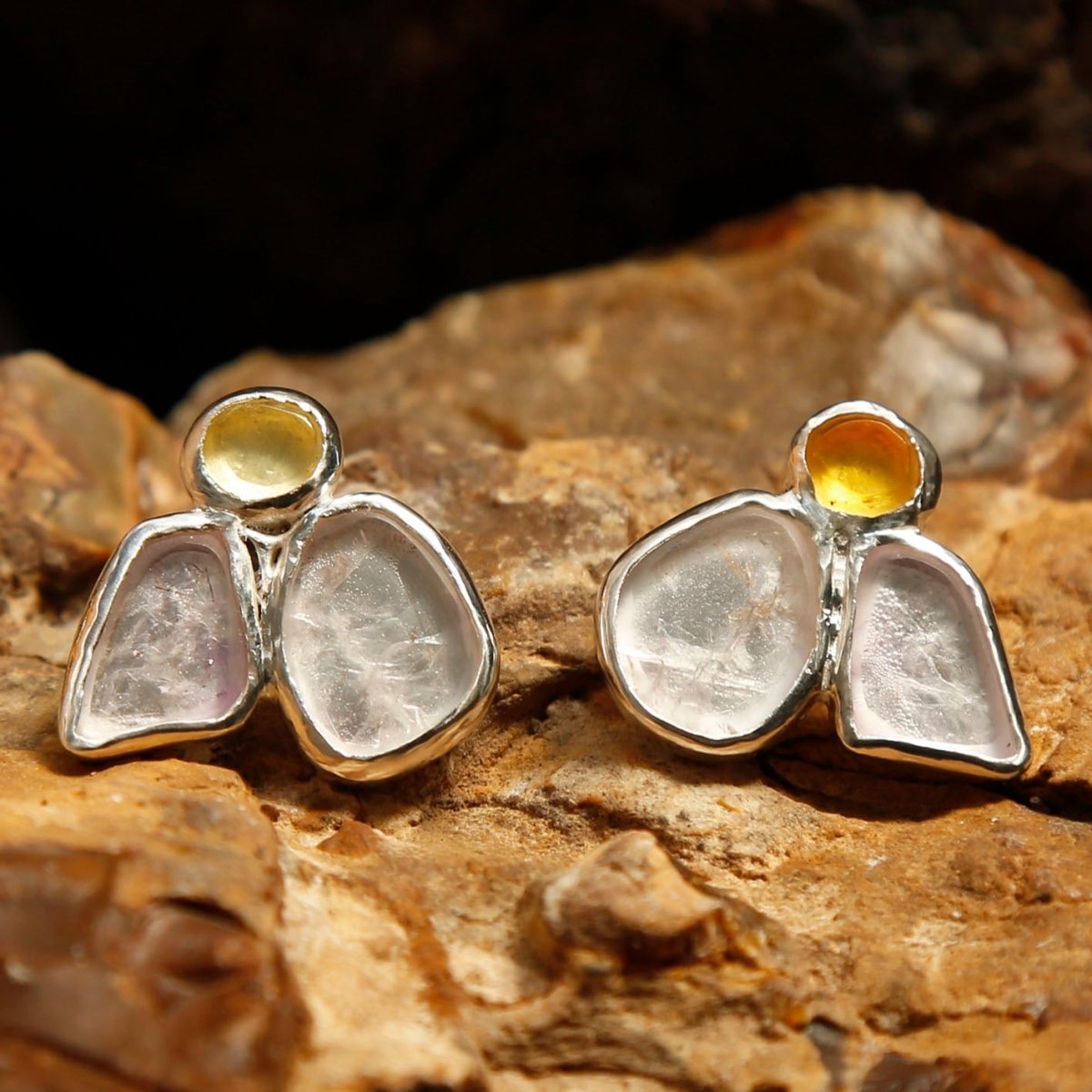 handmade amber and amethyst earrings in sterling silver