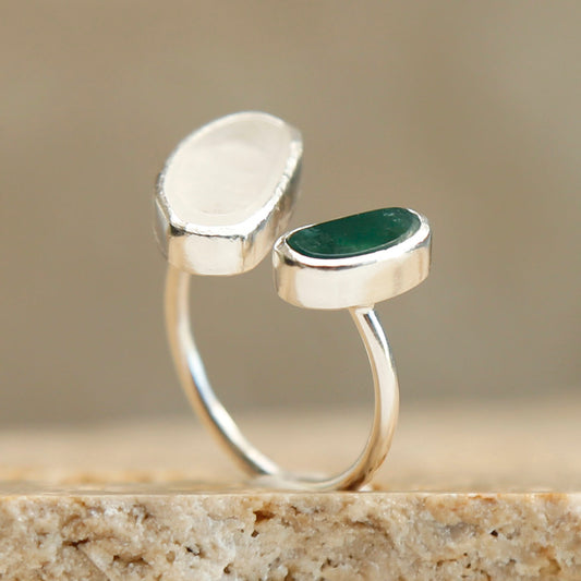 moss green Chrysoprase and pale crystal Quartz Agate open ring handmade gemstone jewellery