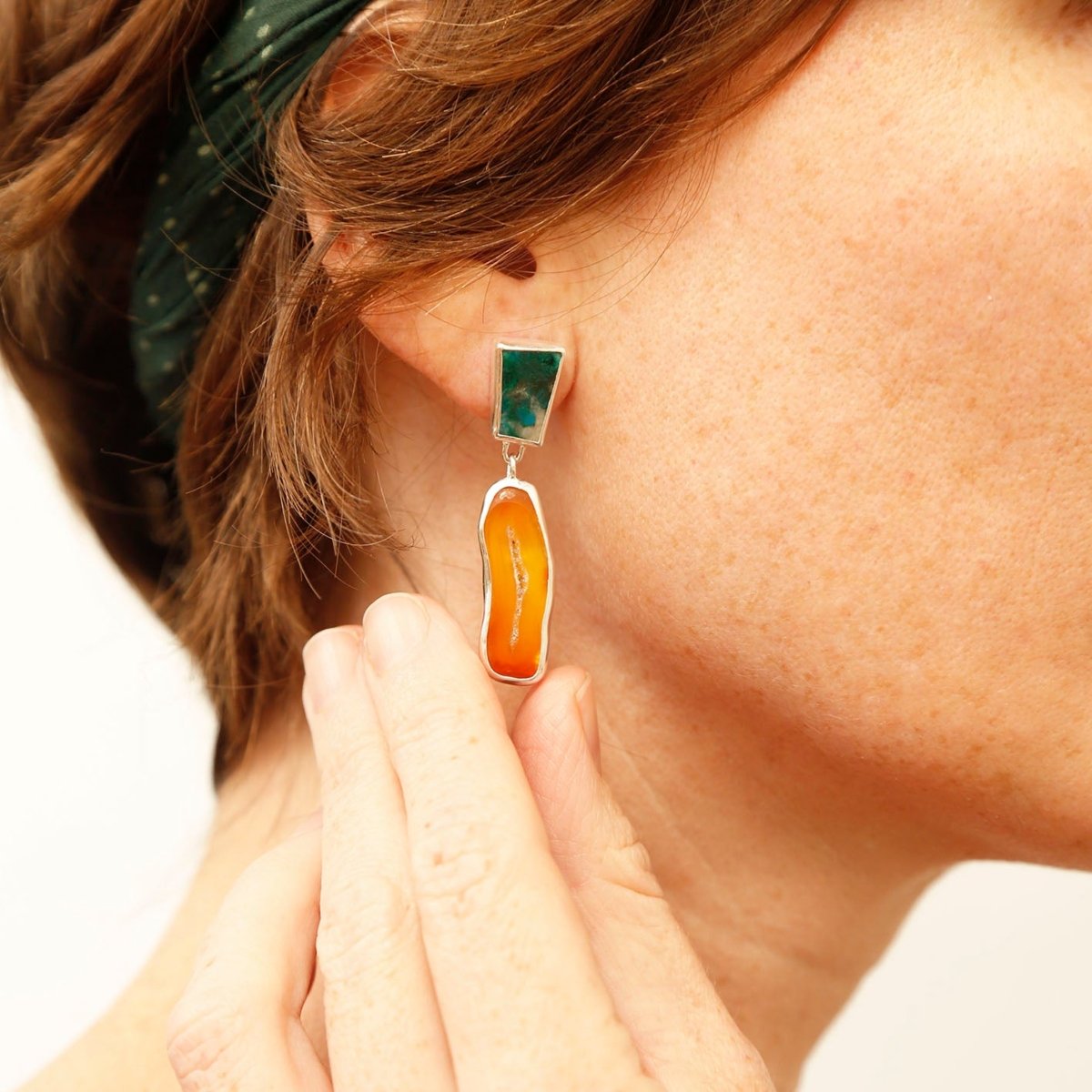 Green chrysocolla and orange carnelian earrings in sterling silver