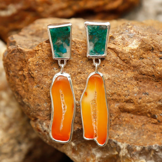 mango drop earrings - Green chrysocolla and orange carnelian in sterling silver
